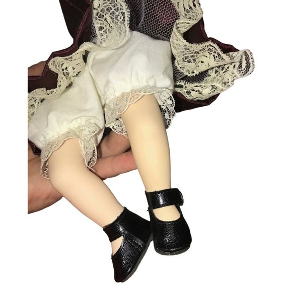 Cute Bright Eyed Brunette Porcelain Doll (Sitting Position) - Burgundy Dress - Picture 3 of 6